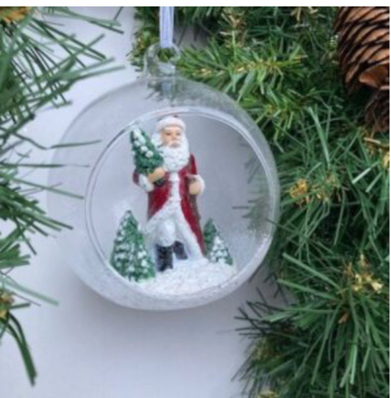 Julekule 10cm.klar åpen m/rød julenisse/juletrær moshi