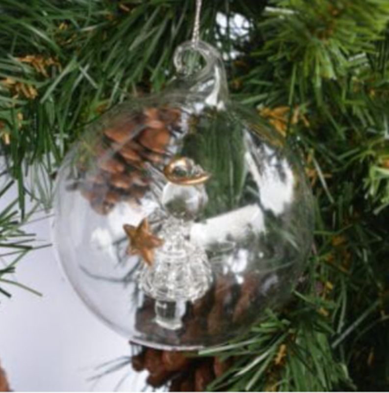 Julekule 8cm.klart glass åpen m /hvit engler inni moshi